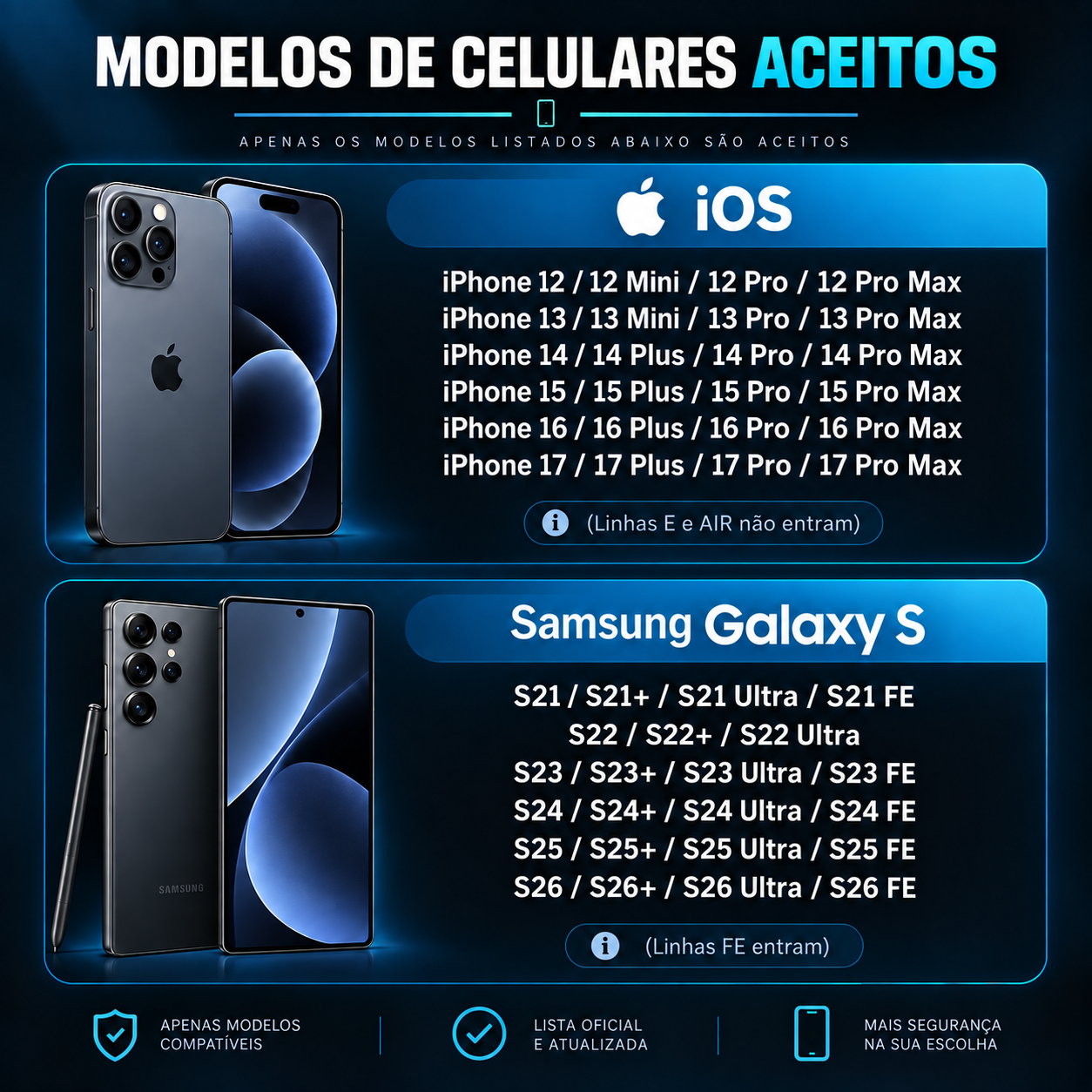 Lista de modelos de celulares compatíveis para gravações: iPhones e Samsung Galaxy S